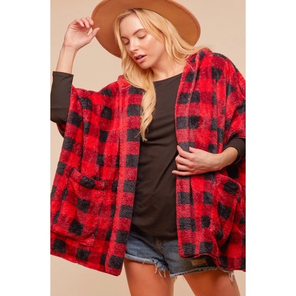Red Plaid Sherpa Cardigan Open Front Hooded Relaxed Fit - Picture 5 of 11